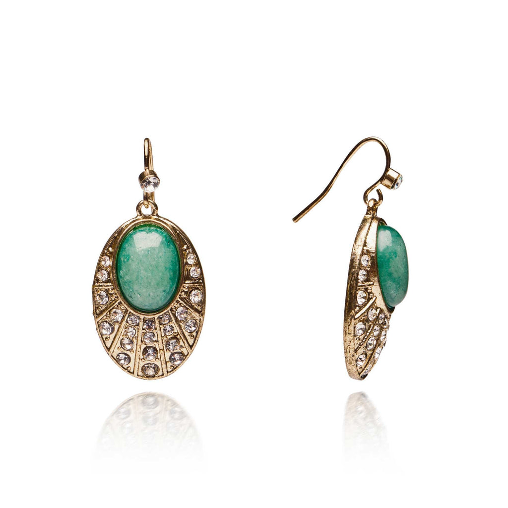 Green Agate Oval Stone Drop Earrings: 20s Style Earrings