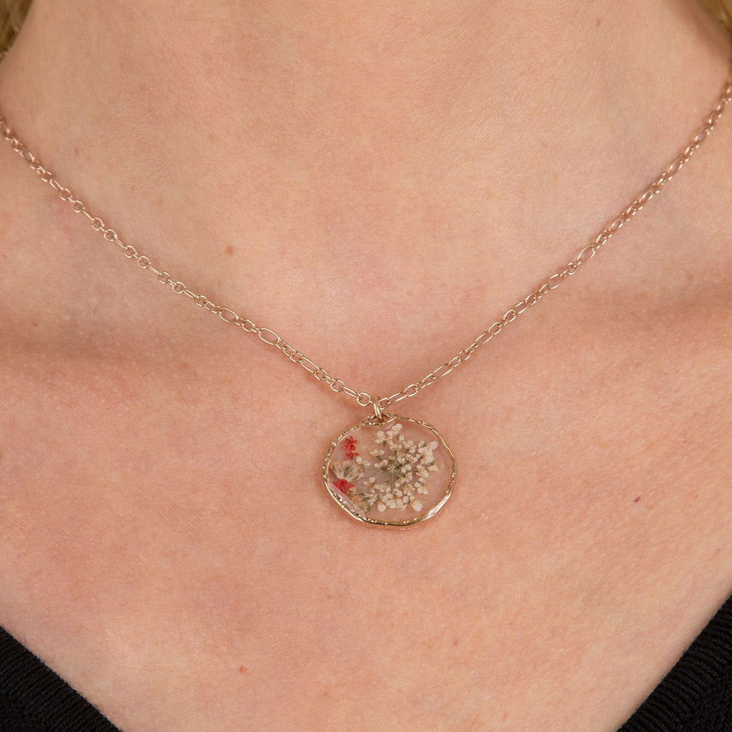 Red Pressed flower pendant necklace: Floral necklace