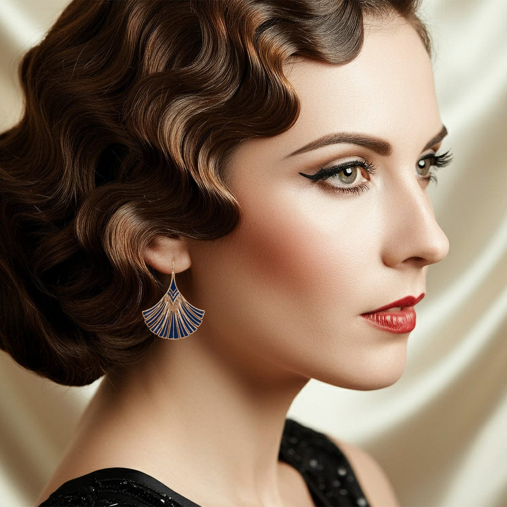 Navy Palm Leaf Earrings: Vintage Deco Earrings