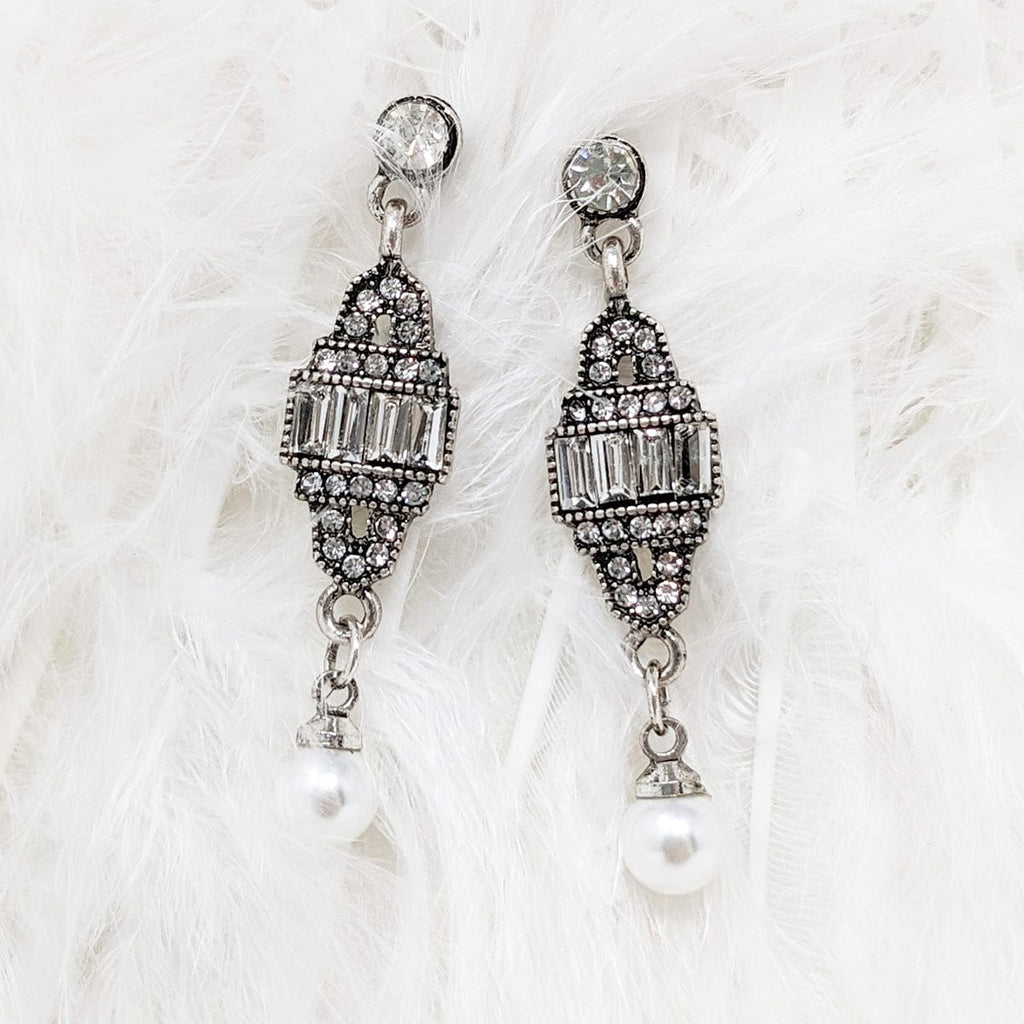Pearl And Diamante Earrings: Deco 1920s Style Short Drop Earrings