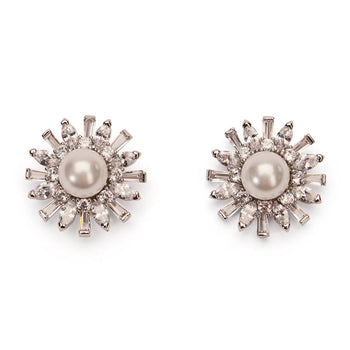 1950's Style Pearl and Cubic Zirconia Crystal Starburst Stud Earrings
