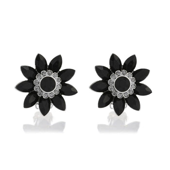Audrey Hepburn Inspired Clip on Earrings: Black Flower & Crystal Clip On Earrings