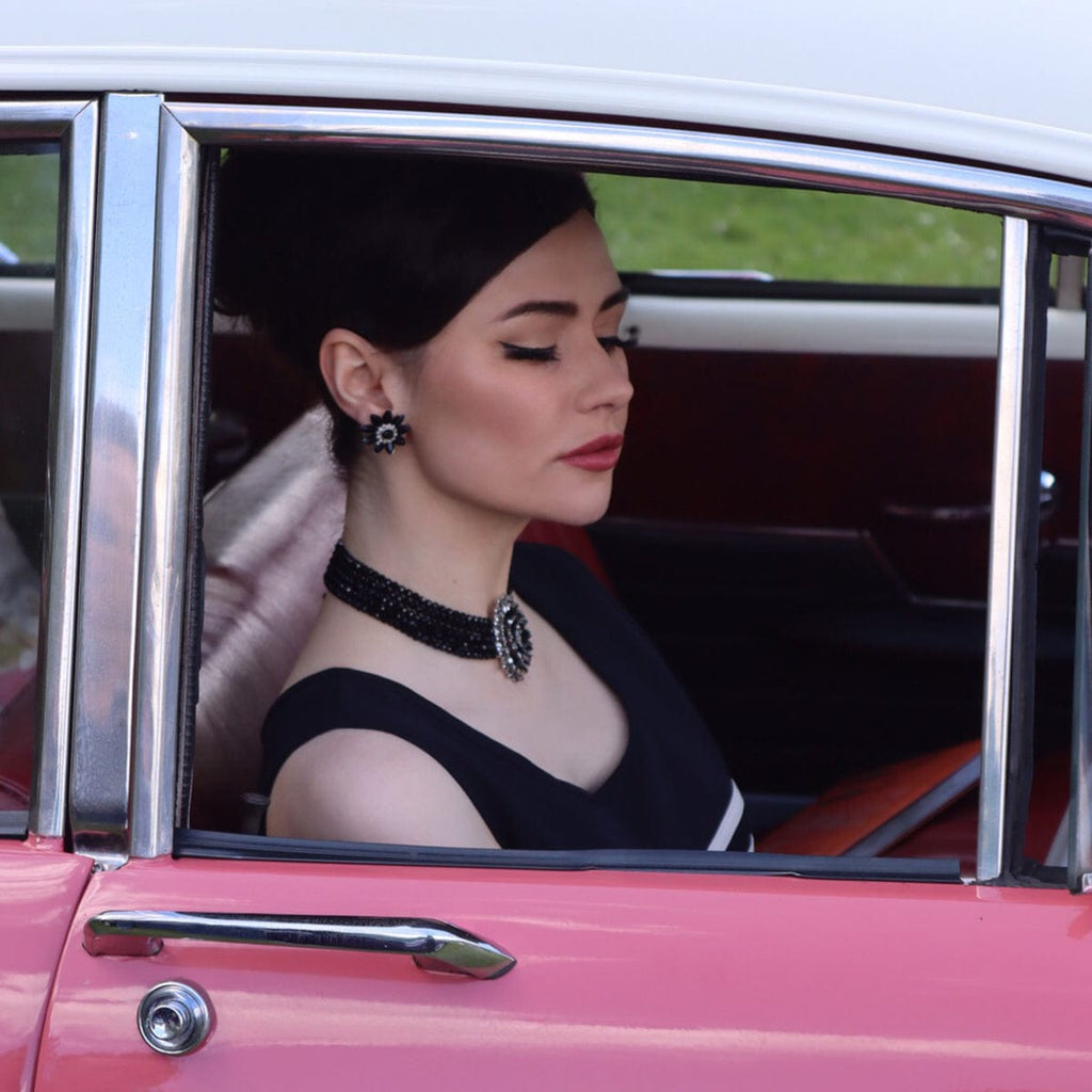 Audrey Hepburn Inspired Clip on Earrings: Black Flower & Crystal Clip On Earrings