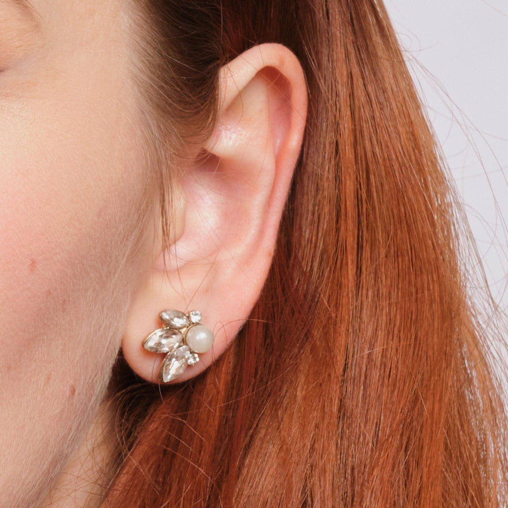 Vintage Crystal Earrings: Leaf And Pearl Stud Earrings