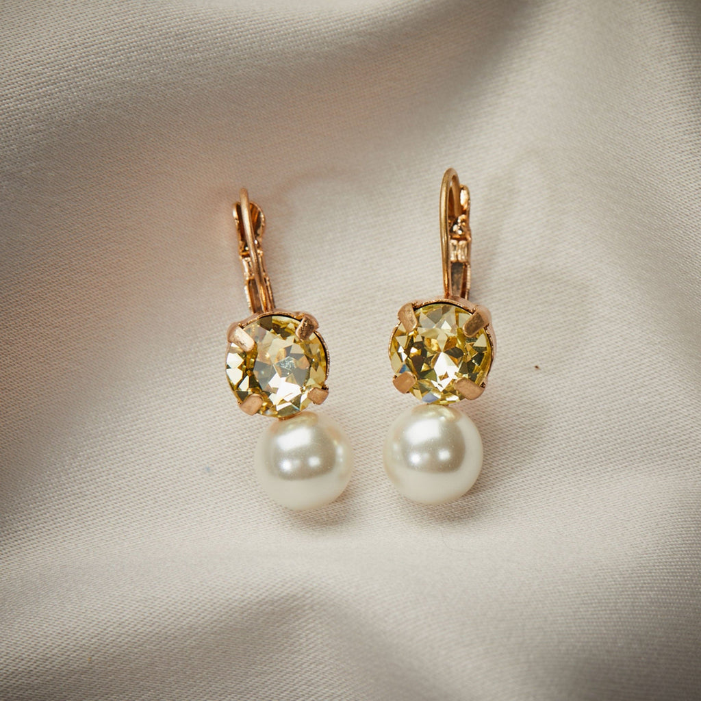 Pearl and yellow square crystal earrings