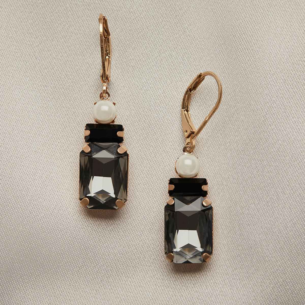 Dangle Black Earrings: Art Deco Oblong Black Stone And Pearl Drop Earrings