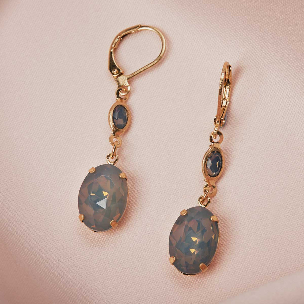 Vintage Opal Earrings: Grey Opal Oval Stone Short Drop Earrings