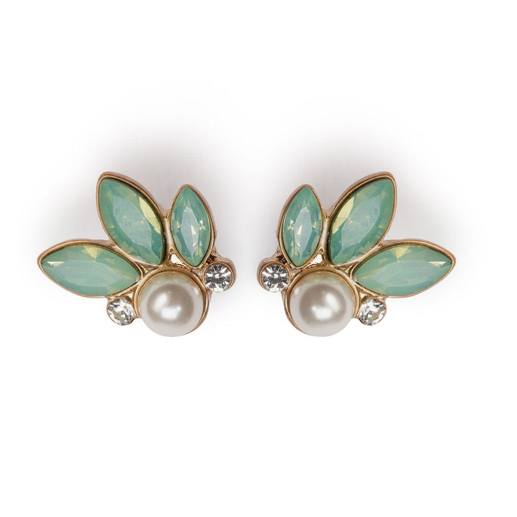 Green Crystal Earrings: Opal Green Leaf Stone & Pearl Earrings
