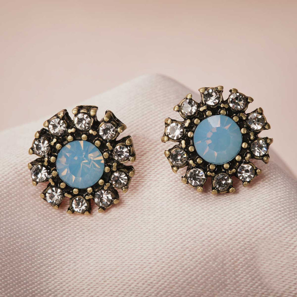 Crystal Stud Earrings: Blue Opal Stone & Crystal Studs