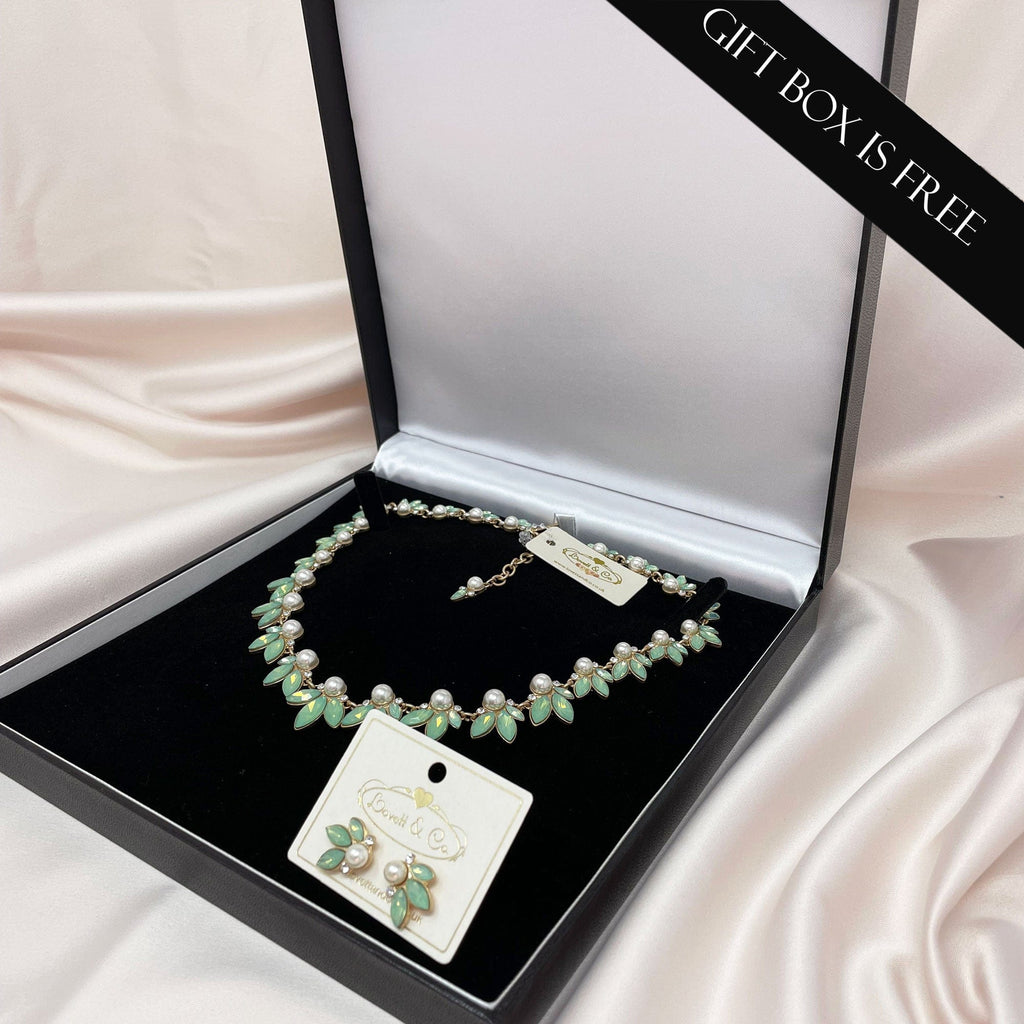 Vintage Jewellery Set: Opal Crystal Leaf & Pearl Necklace With Matching Crystal Studs Gift Set-£12 Gift Box Is Free