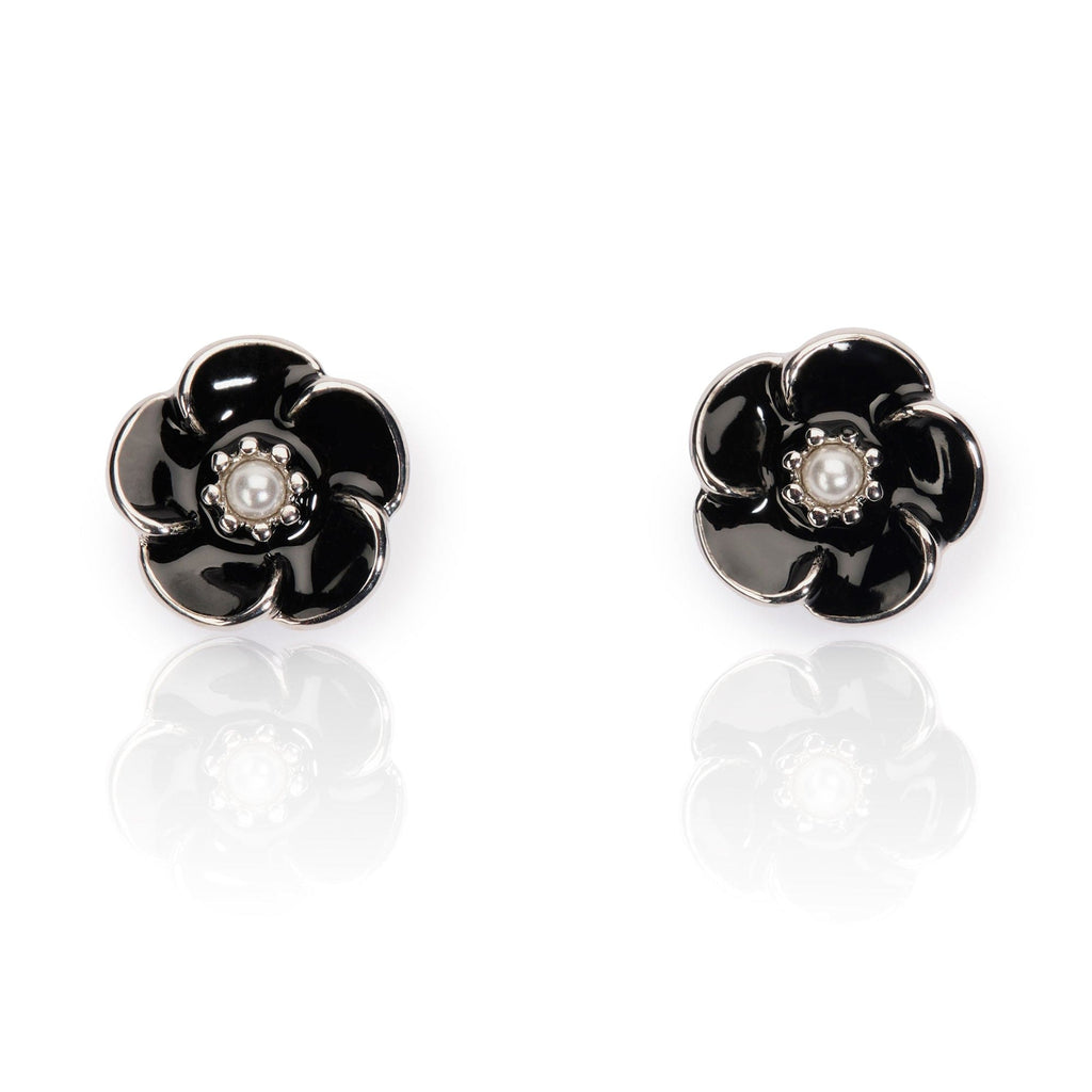 Black Stud Earrings: 1950s Style Black Rose & Pearl Studs