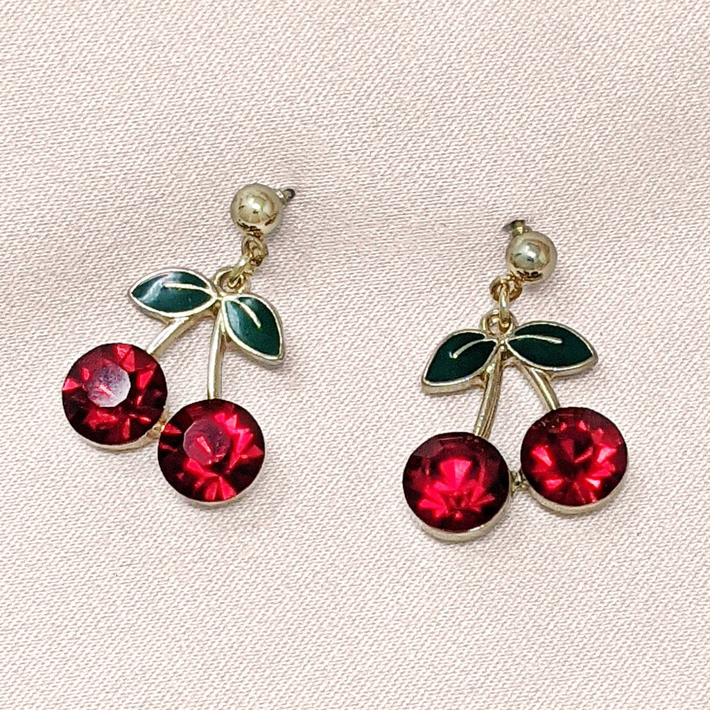 Cherry Earrings: Red Crystal Cherry Style Earrings