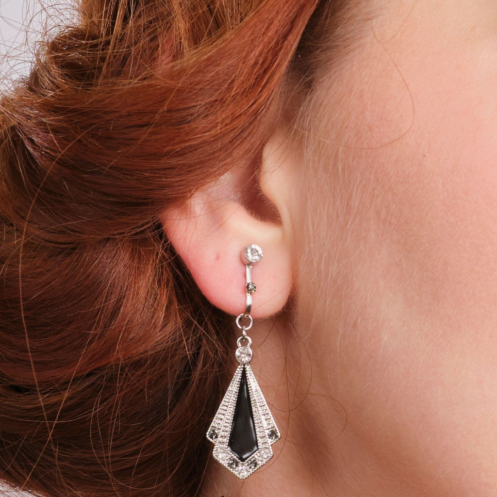 Vintage Clip On Earrings: Enamel & Swarovski Crystal Drop Clip on Art Deco  Earrings