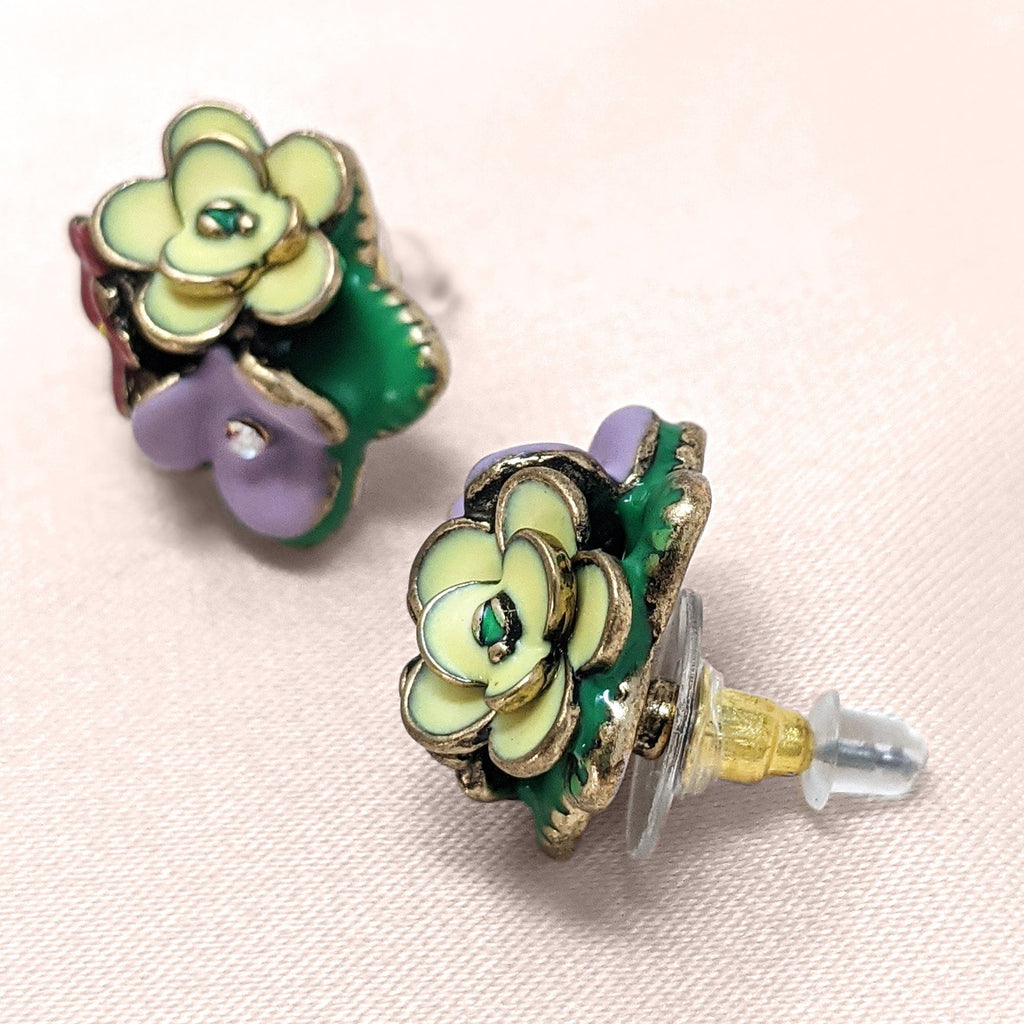 Flower Stud Earrings: Frida Kahlo Inspired Enamel Flower & Crystal Studs