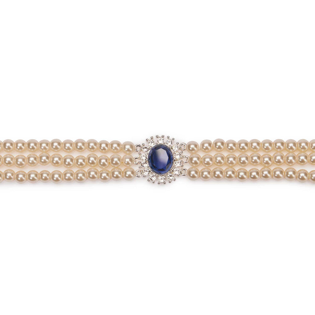 Lady Diana inspired 3 row cream pearl choker with a sapphire stone centre which in in a bed of crystals 