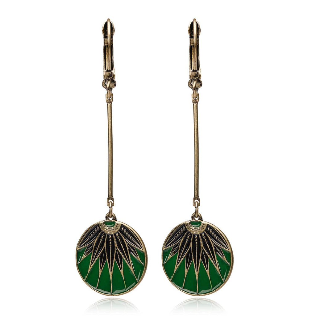 Art-Deco-20s-Vintage-inspired-leaf-print-disc-drop-earrings-in-emerald-by-Lovett-and-Co