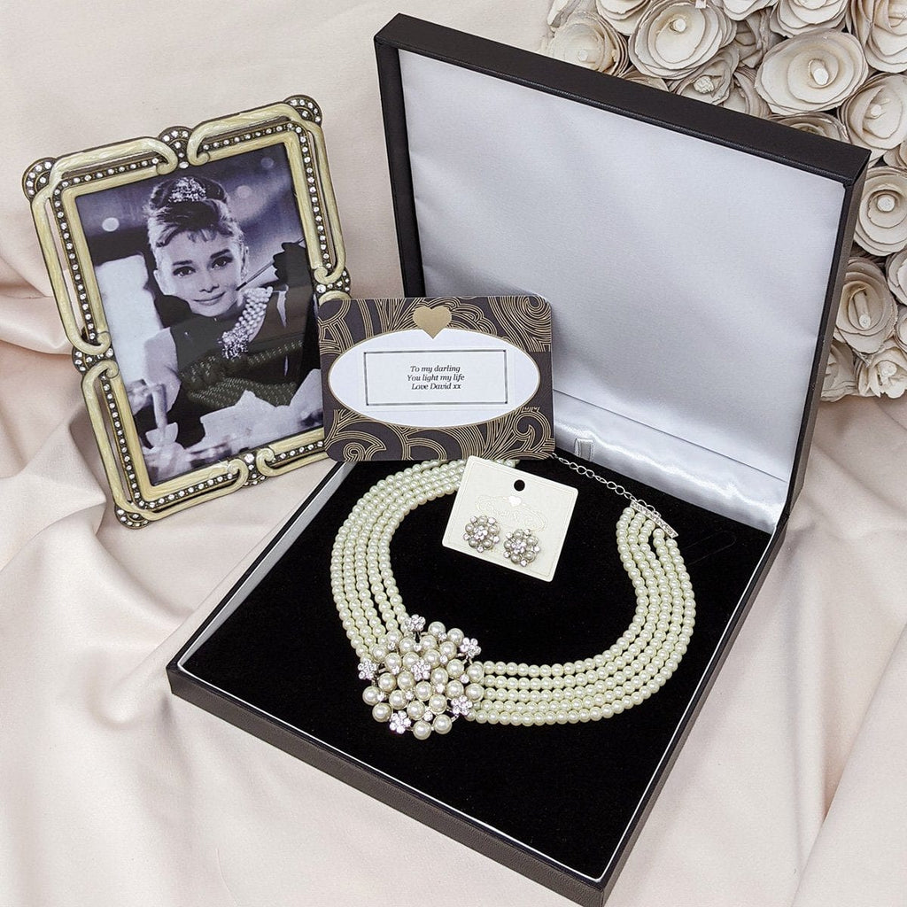Audrey Hepburn Jewellery Box: Audrey Hepburn Inspired Pearl Necklace With Matching Pearl & Diamante Studs- £12 Gift Box Is Free