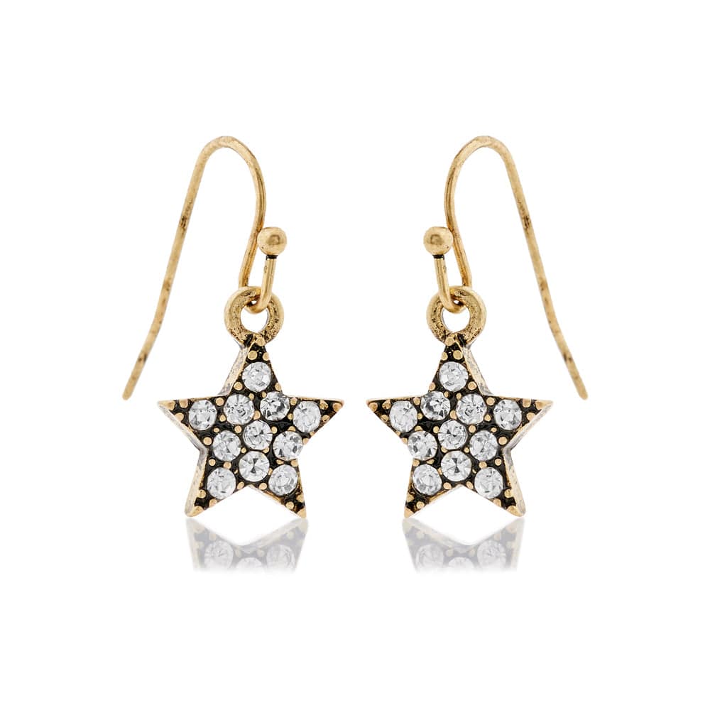 Diamante Star Crystal Star Earrings: Vintage Style Brass Start Drop Earrings