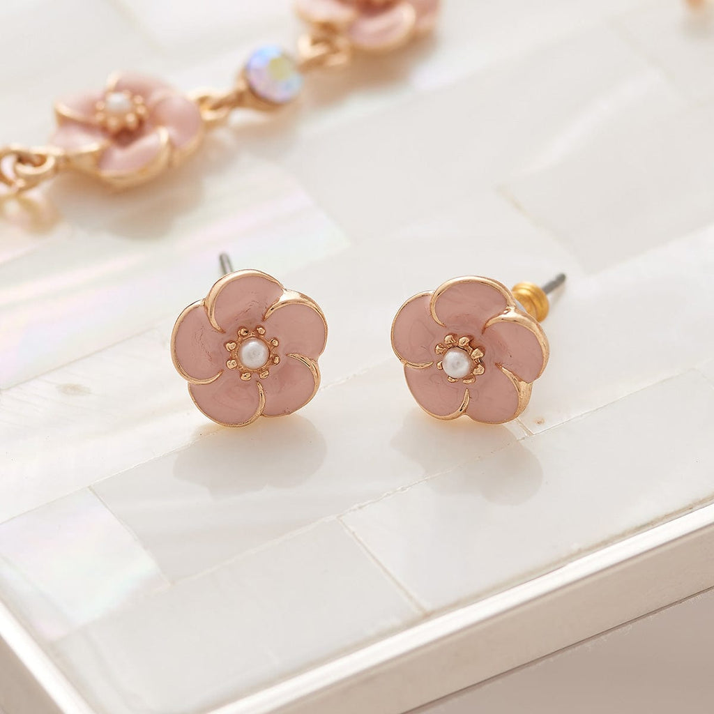 Rose Pearl Earrings: Small Pink Rose And Pearl Studs