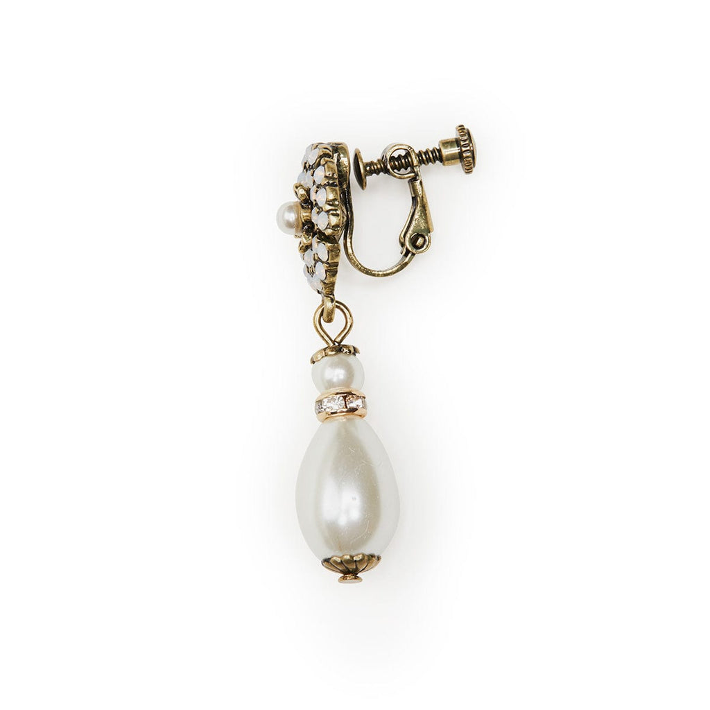 Clip on Pearl drop earring inspired by legendary designer Miriam Haskell, perfect for vintage loving brides