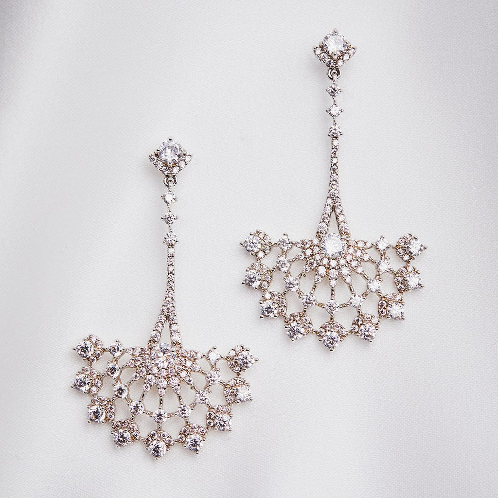 Bridal Crystal Earrings: Long Drop Fan Crystal Earrings