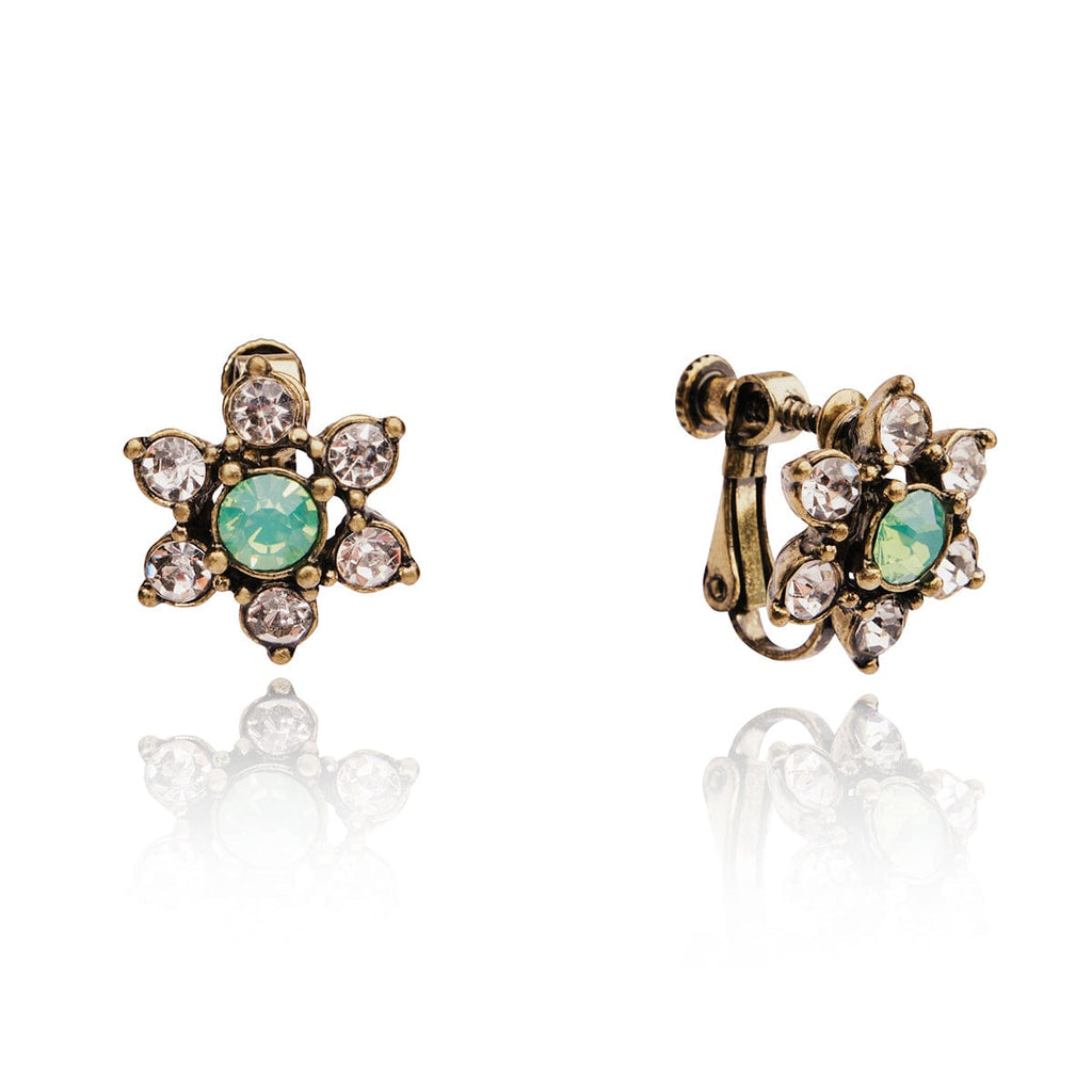 Vintage Green Opal Clip On Earrings: 1950s Style Flower Clip On Crystal Earrings
