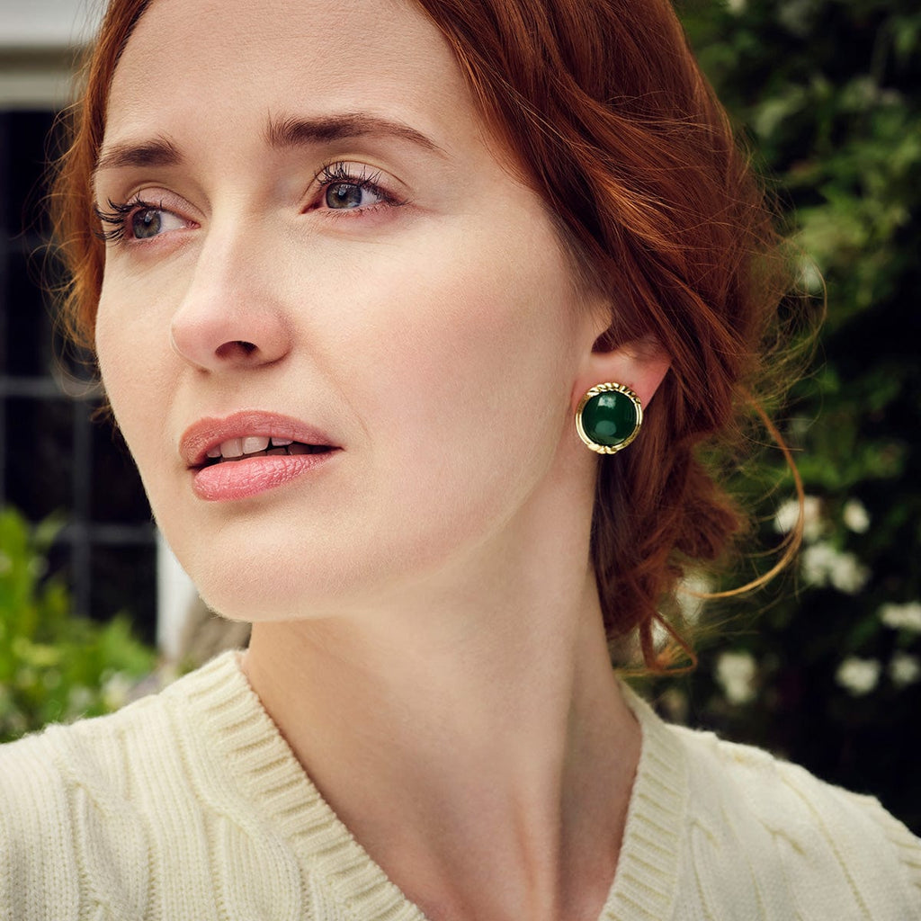 Green resin clip on earrings plated with 14k gold rim
