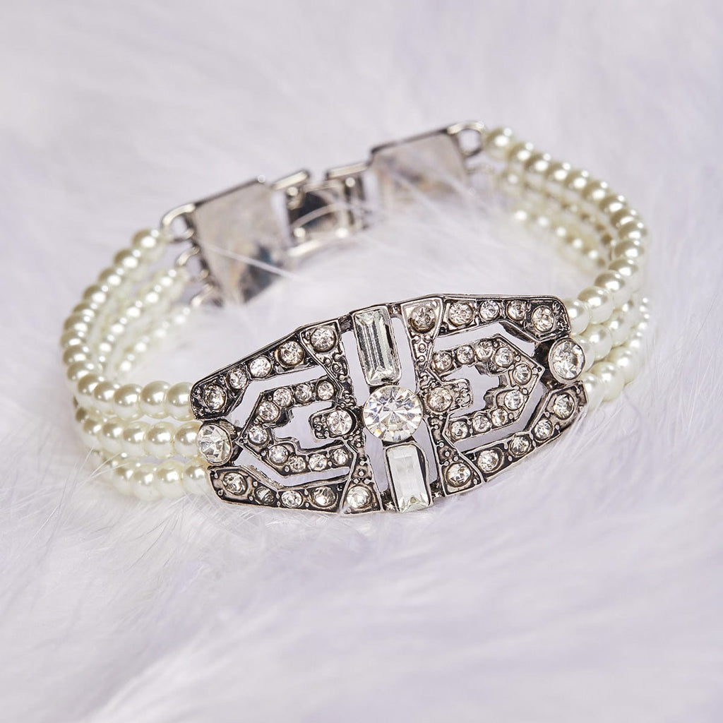 Picture of 1920s inspired vintage style bridal bracelet of pearls and crystals