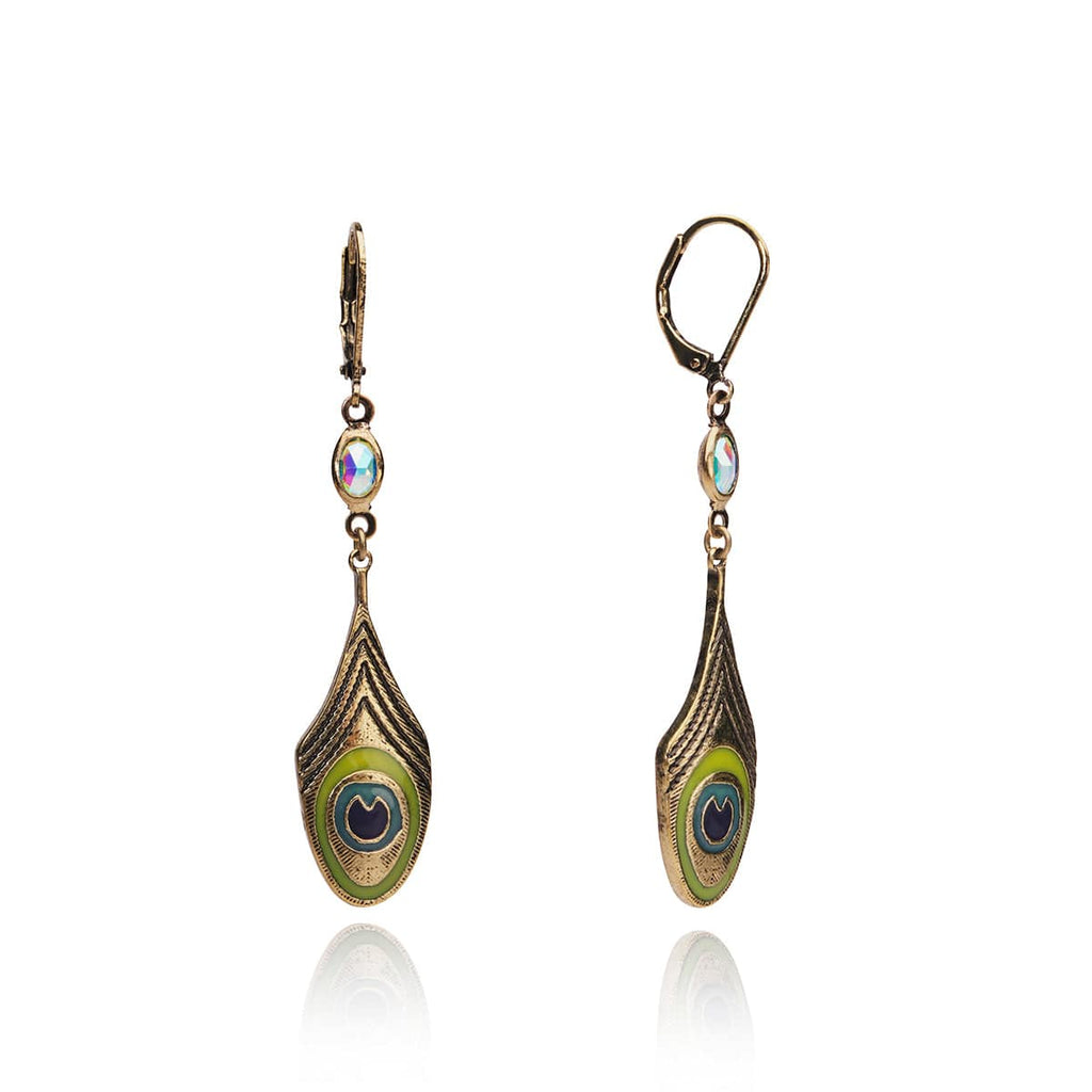 Arts & Crafts Peacock-Feather-Enamel-Drop-Earrings