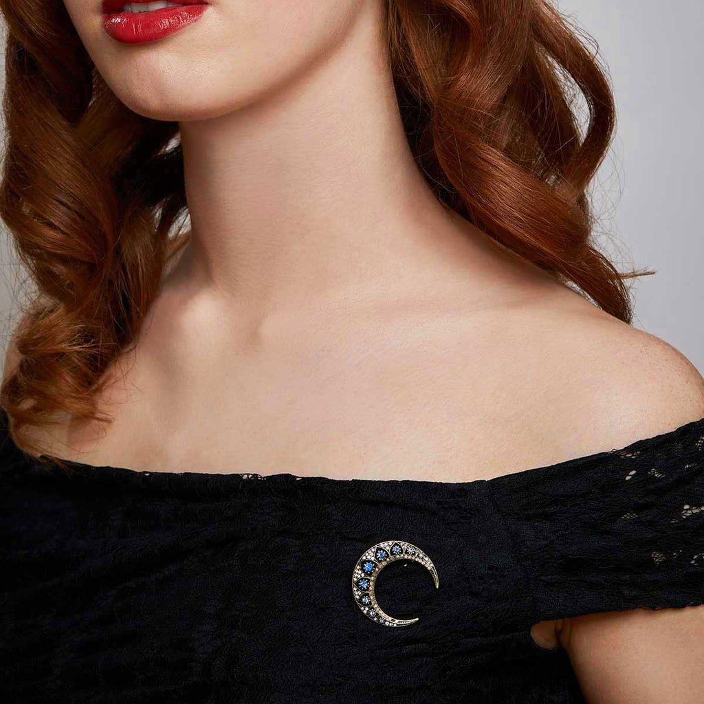 Vintage Crystal Crescent Moon Brooch by Lovett and Co