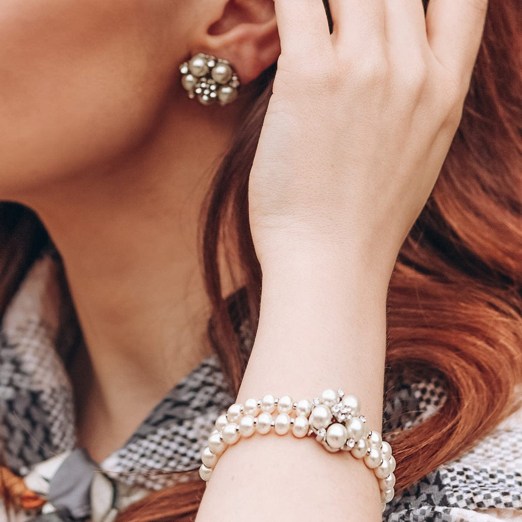 Audrey Hepburn Bracelet: 2 Row Glass Pearl and Diamante Stretch Bracelet