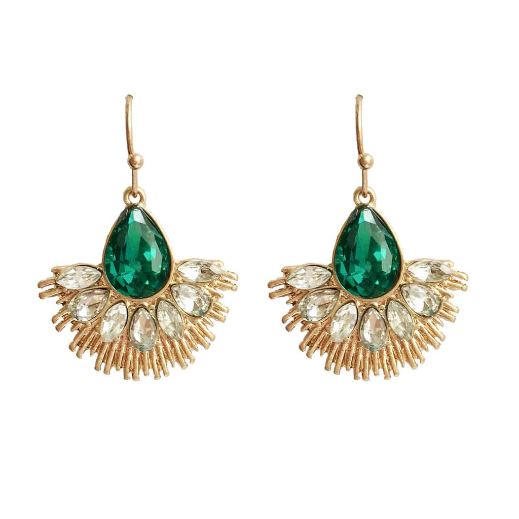 Crystal Fan Earrings: Emerald Green Crystal Fan Drop Earrings