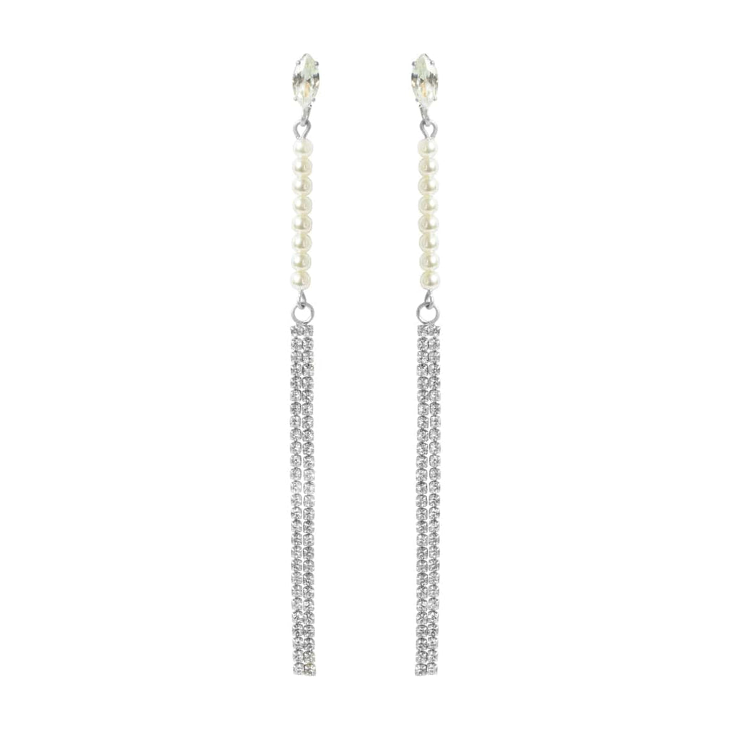 Long Crystal & Pearl Drop Earrings Silver